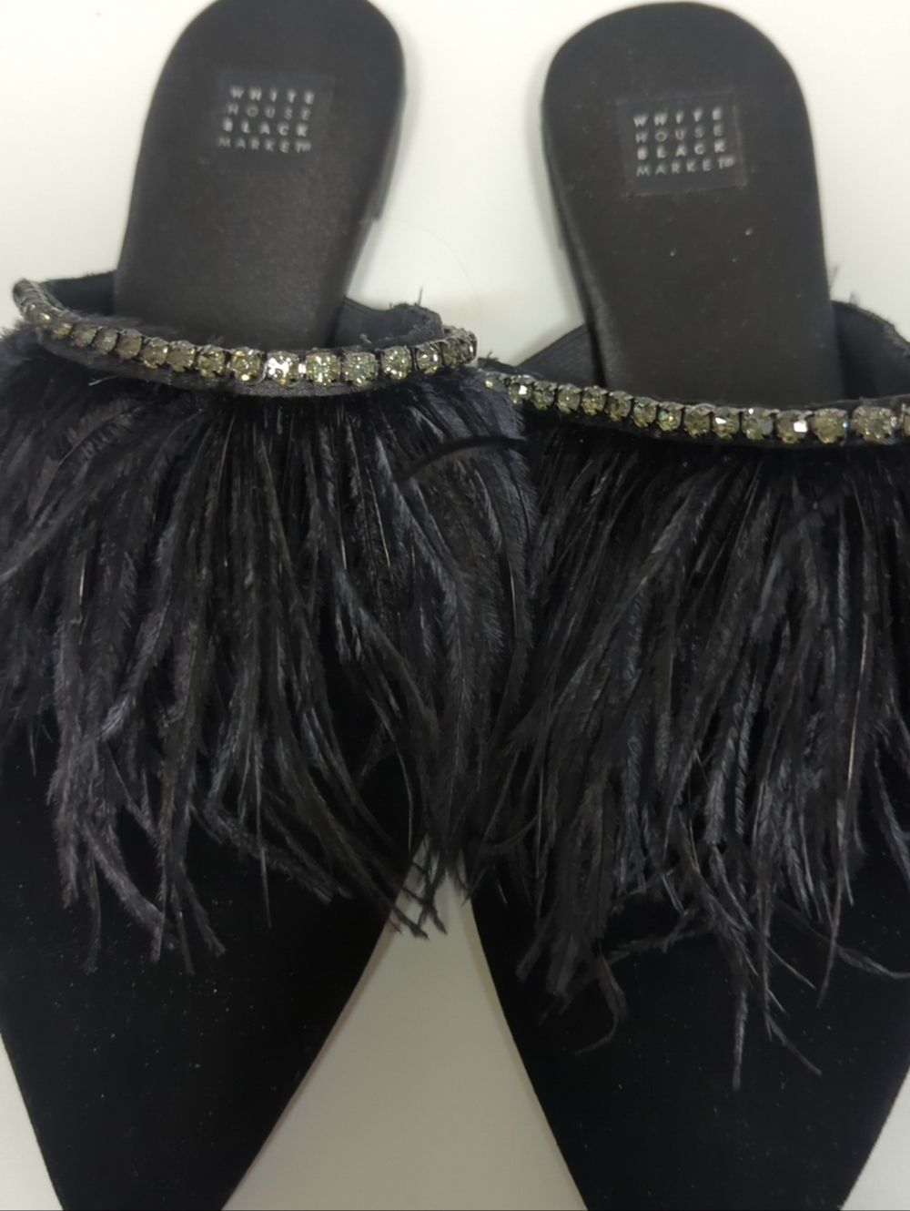 White House Black Market Sz8 Blaire Velvet Feather Mules Slides Rhinestone Chic - Picture 4 of 8
